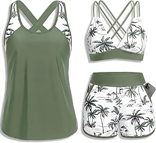 Women 3 Piece Tankini Swimsuits - Tummy Control Tank Top with Bra Modest Bathing Suit with Pockets Boyshorts Bottom 2026