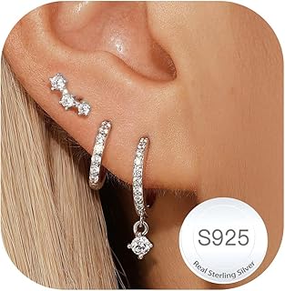 3 Pairs 925 Sterling Silver Studs Hoop Earrings Set for Women 14K Gold Earring Stacks Hypoallergenic Cartilage Earring Sets for Multiple Piercings Jewellery Valentines Gifts