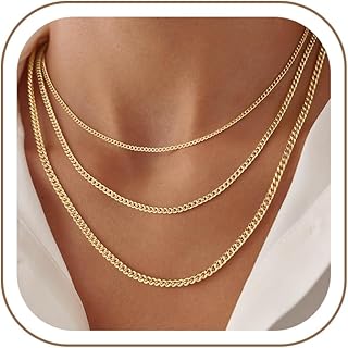 Gold Layered Necklaces for Women - Dainty 14K Gold Plated Chain Necklace Stack Cuban Link Chain Necklace Personalized Lip Satellite Flat Curb Link Necklaces for Women Trendy Set