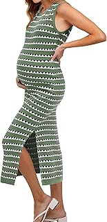 OUGES Women's 2026 Summer Maternity Dress Knit Sleeveless Crewneck Midi Dress Side Slit Striped Bodycon Sweater Dress