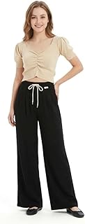 Pantalon Fluide Femme Été Jambe Large Taille Haute Élastique avec Cordon Style Palazzo Léger Respirant Confortable Noir