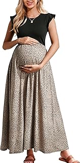 OUGES Women's Maternity Dress Summer Ruffle Sleeve Patchwork Casual Flowy Maxi Dresses with Pockets