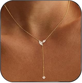 Gold Necklace for Women - Dainty Long Lariat Necklace 14K Gold Plated Clover Star Teardrop CZ Y Shaped Drop Necklaces Cute Long Necklaces for Women Trendy Prom Formal Womens Jewelry