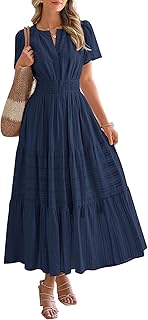 Womens Summer 2026 Casual Midi Maxi Dresses Lightweight Short Sleeve V Neck Elastic Waist Boho Beach Dress Pockets