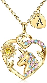 Unicorn Gifts for Kids Girls - Sunflower Unicorn Necklace for Girls 14K-Gold-Plated Initial Unicorns Necklaces Sunflower Letter Necklace Unicorns Jewelry Birthday Mothers Day Gift for Daughter