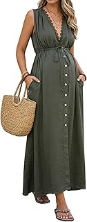 Joyfunear Women's Maternity Sleeveless Lace V Neck Photoshoot Baby Shower Maxi Long Dress with Drawstring Buttons